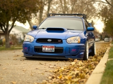 Синий Subaru Impreza рядом с осенними листьями